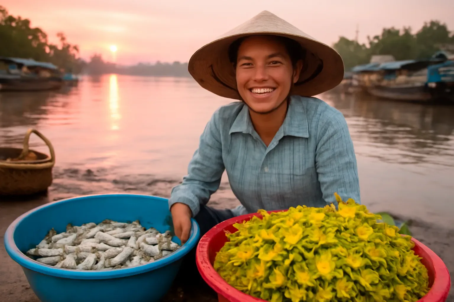 Chợ quê mùa nước nổi miền Tây: cá linh, bông điên điển ở chợ nhóm sớm